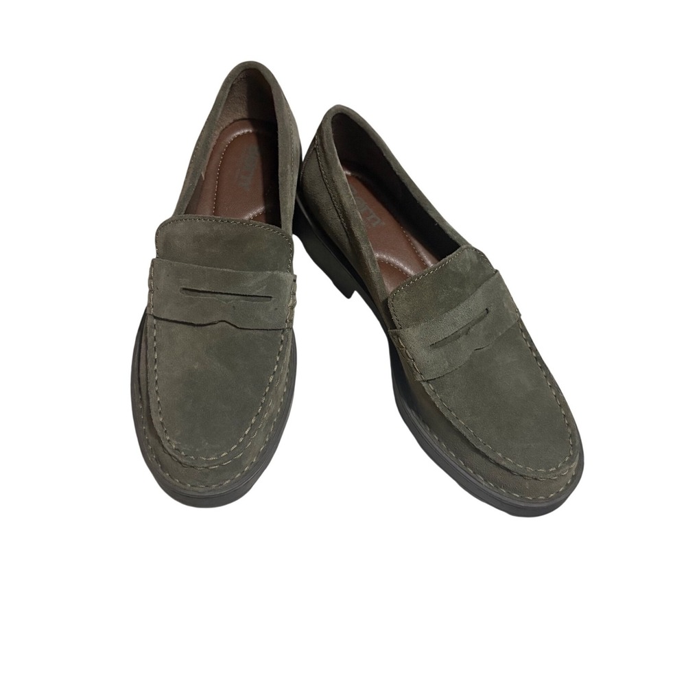 Born Carrera Penny Loafer Womens 9 Olive Green Suede Lug Sole NWOT BR0041763